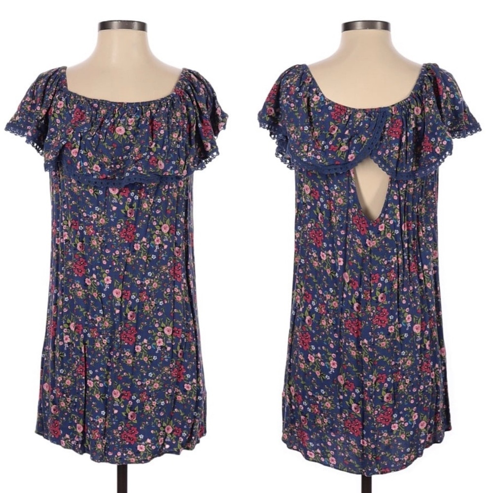 French Grey Womens Dress Size Small Blue Floral Open Back Eyelet Cottage Prairie